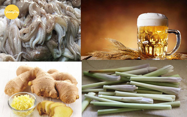 Nguyên liệu cho món bạch tuộc hấp bia