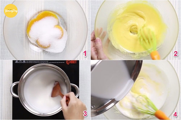Cho lòng đỏ trứng và đường sau đó đánh đều
