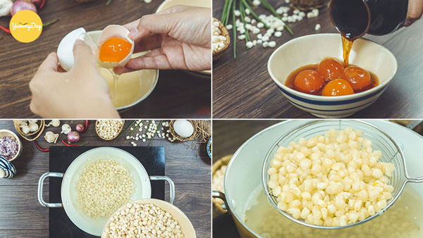 Sơ chế trứng muối và bắp