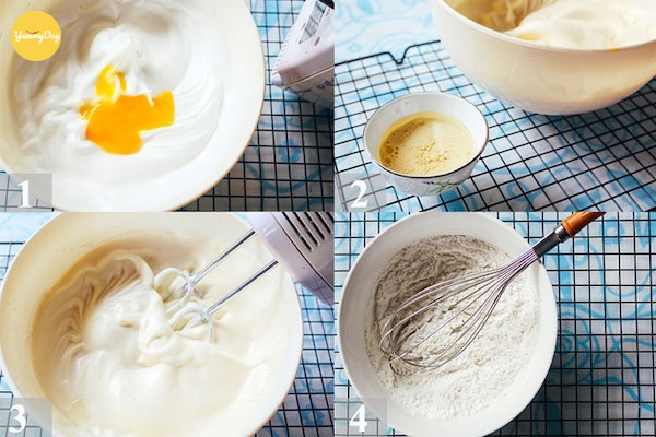 Bỏ lòng đỏ vào hỗn hợp lòng trắng trứng ở trên