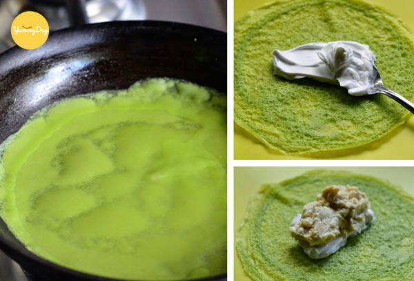 Cho nhân lên vỏ bánh crepe lá dứa