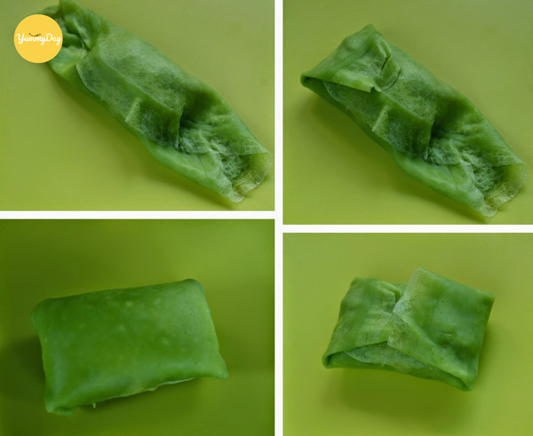 Gói bánh crepe lá dứa nhân sầu riêng lại