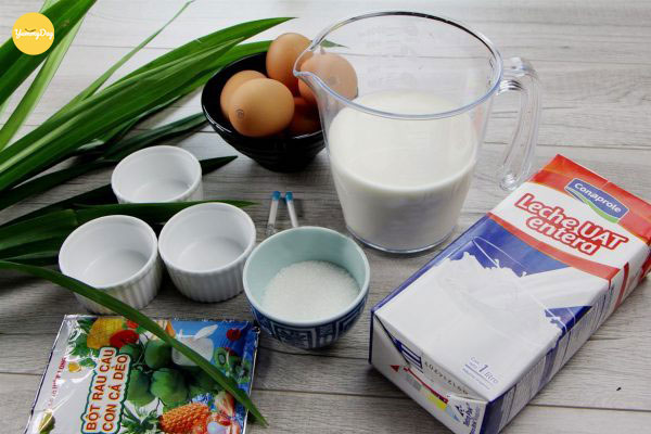 Nguyên liệu để làm bánh flan trái dừa thạch lá dứa