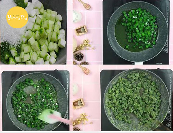 Các bước thực hiện món mứt dừa non miếng trà xanh