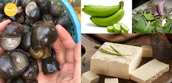 Nguyên liệu cần chuẩn bị cho món ốc xào chuối đậu