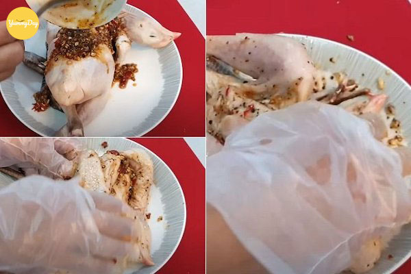 Nhét gia vị vào bụng gà