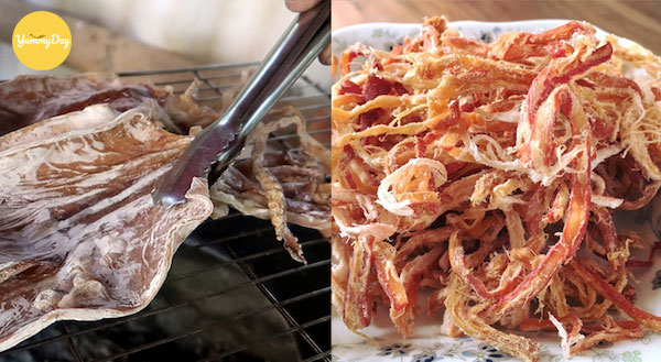 Nướng và xé mực khô