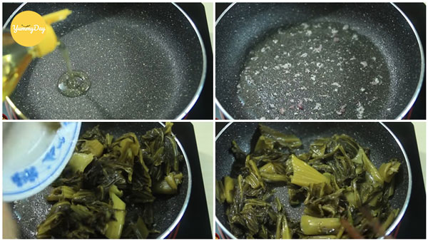 Xào cải chua trước khi làm món heo quay kho nhé