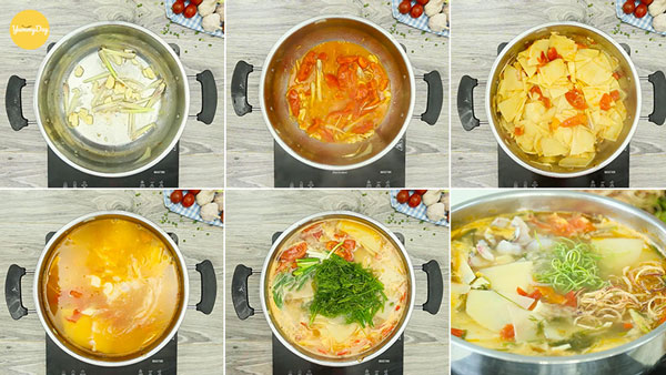 Tiến hành nấu lẩu cá diêu hồng măng chua