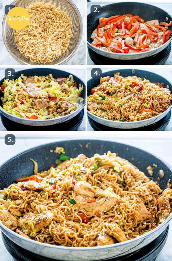 Các bước thực hiện món mì xào gà