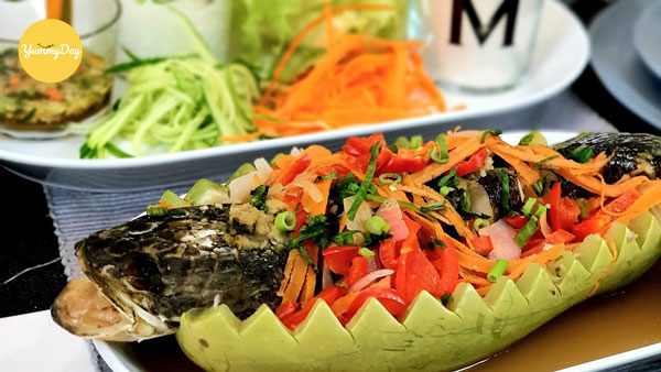 Thành phẩm món cá lóc hấp bầu
