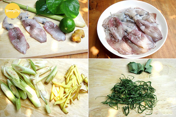 Nguyên liệu làm mực hấp lá lốt gừng sả