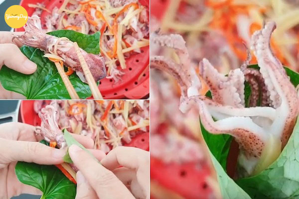 Cách cuốn mực với lá lốt