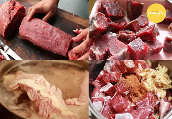 Thịt bò sau khi chần thái thành từng miếng to bản