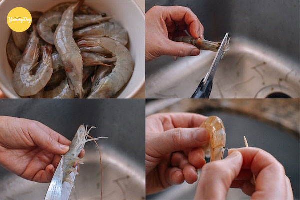 Tôm rửa sạch, cắt bỏ một phần đầu và kéo hết chỉ lưng