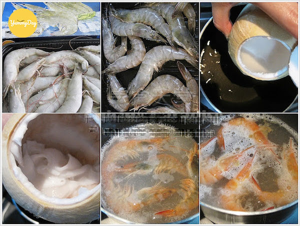 Các bước thực hiện món tôm hấp nước dừa